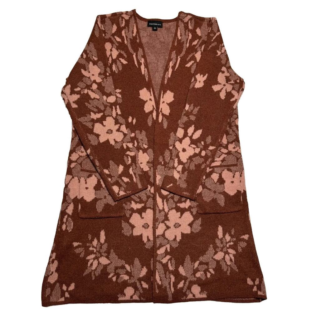 Fortune + Ivy Women’s Size XL Floral Duster Knit Cardigan Brown Long Sleeve NWOT